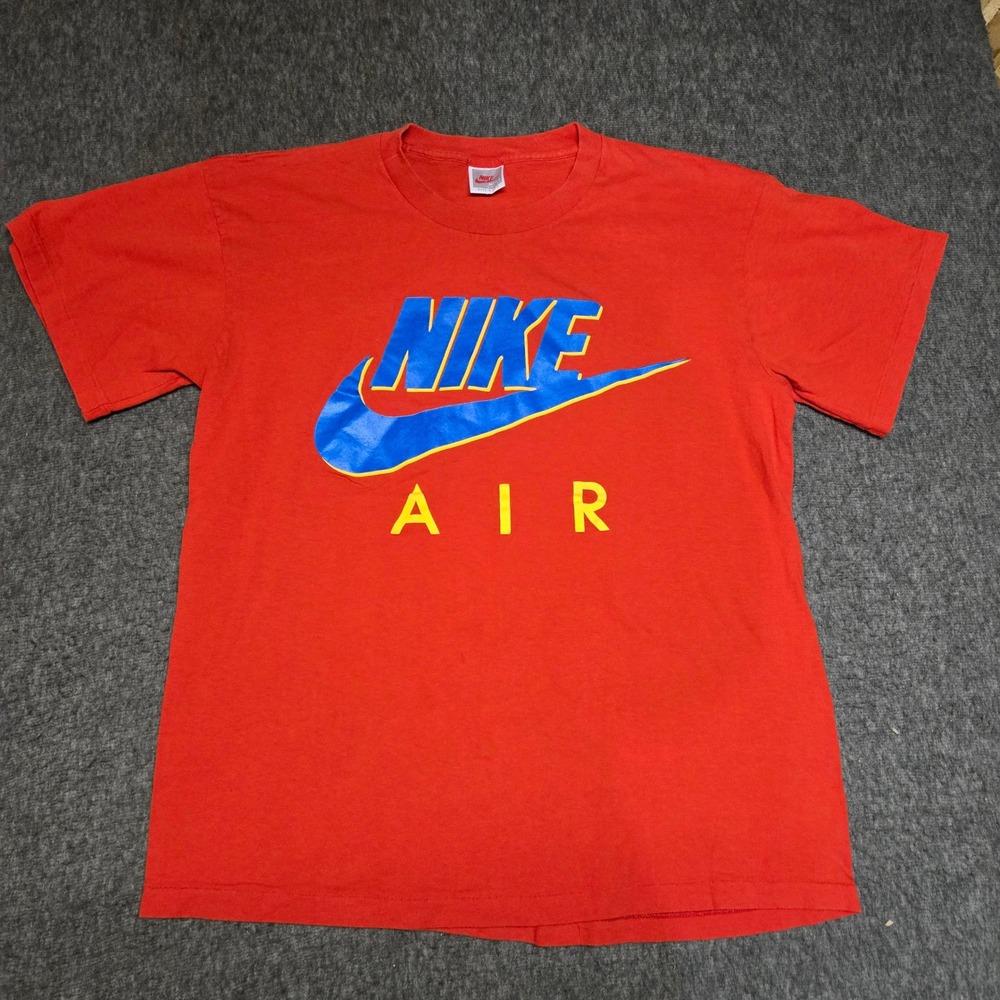 Vintage 80s Nike T-Shirt Mens Large Red Nike Air Swoosh Single Stitch USA